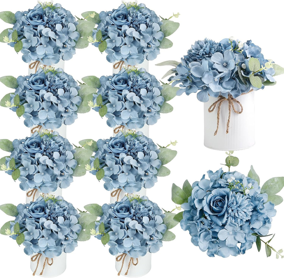 10PCS Flower Centerpieces for Tables, Blue Hydrangeas and Roses