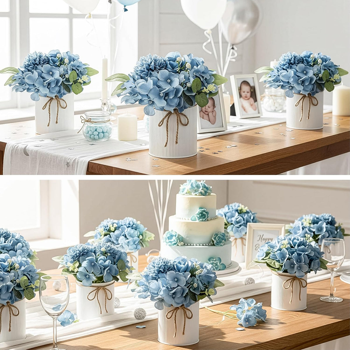 10PCS Flower Centerpieces for Tables, Blue Hydrangeas and Roses