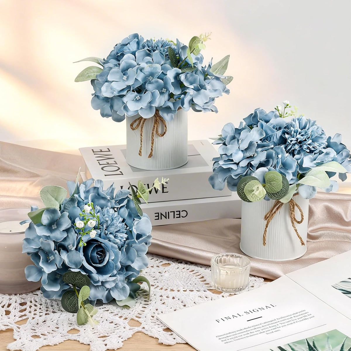 10PCS Flower Centerpieces for Tables, Blue Hydrangeas and Roses