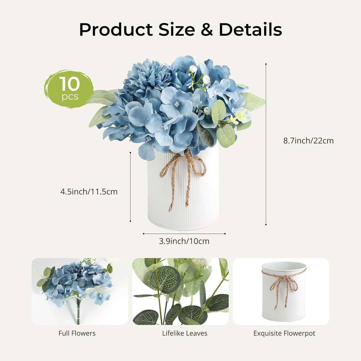 10PCS Flower Centerpieces for Tables, Blue Hydrangeas and Roses