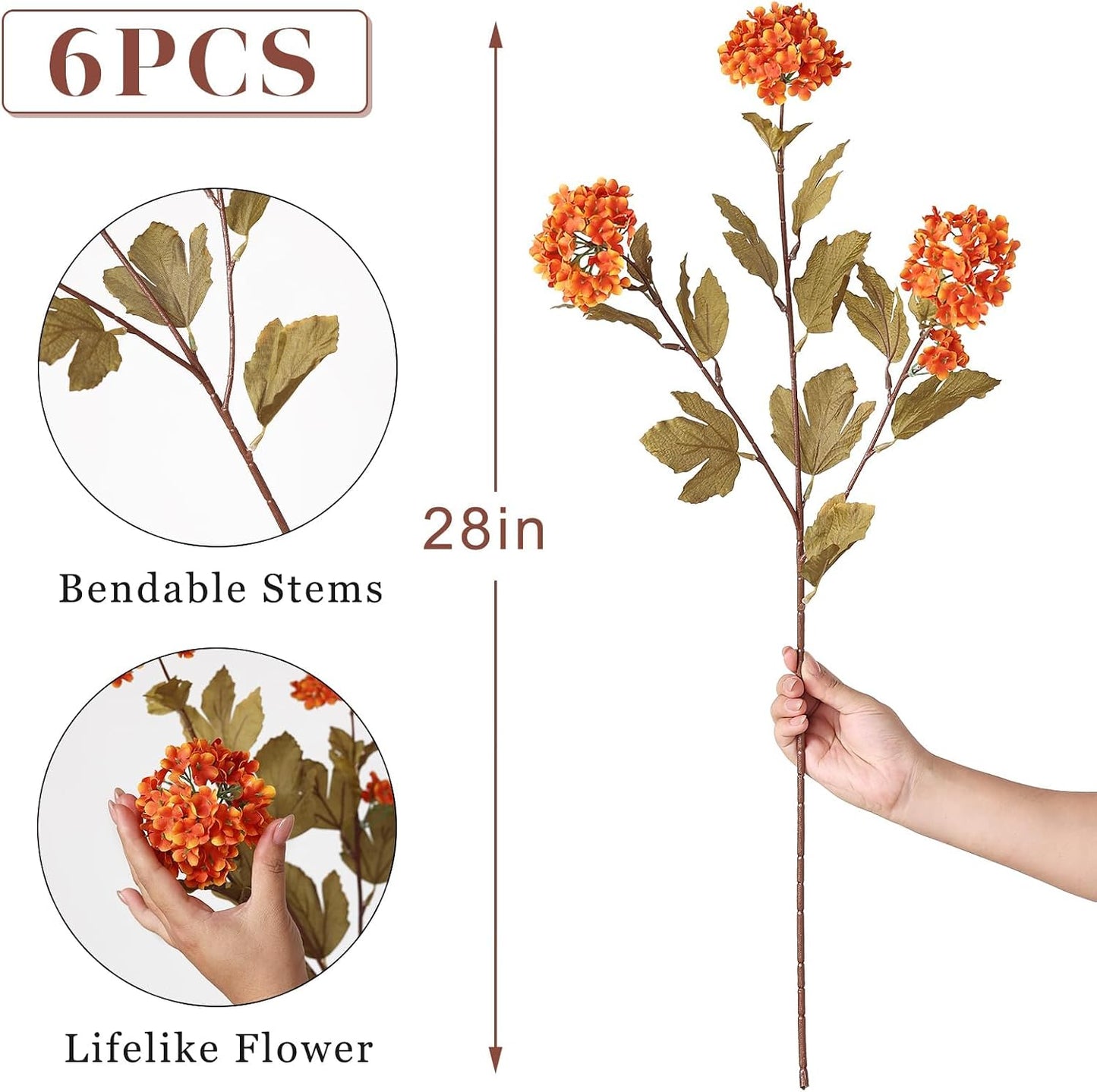 6 Pcs 28"Artificial Snowball Hydrangea Flower Stems for Vase(White-Green) | Elegant and Full, Fake Realistic Silk Flower Branches, for Table Centerpieces/DIY Bouquet/Home/Farmhouse/Indoor/Home Decor