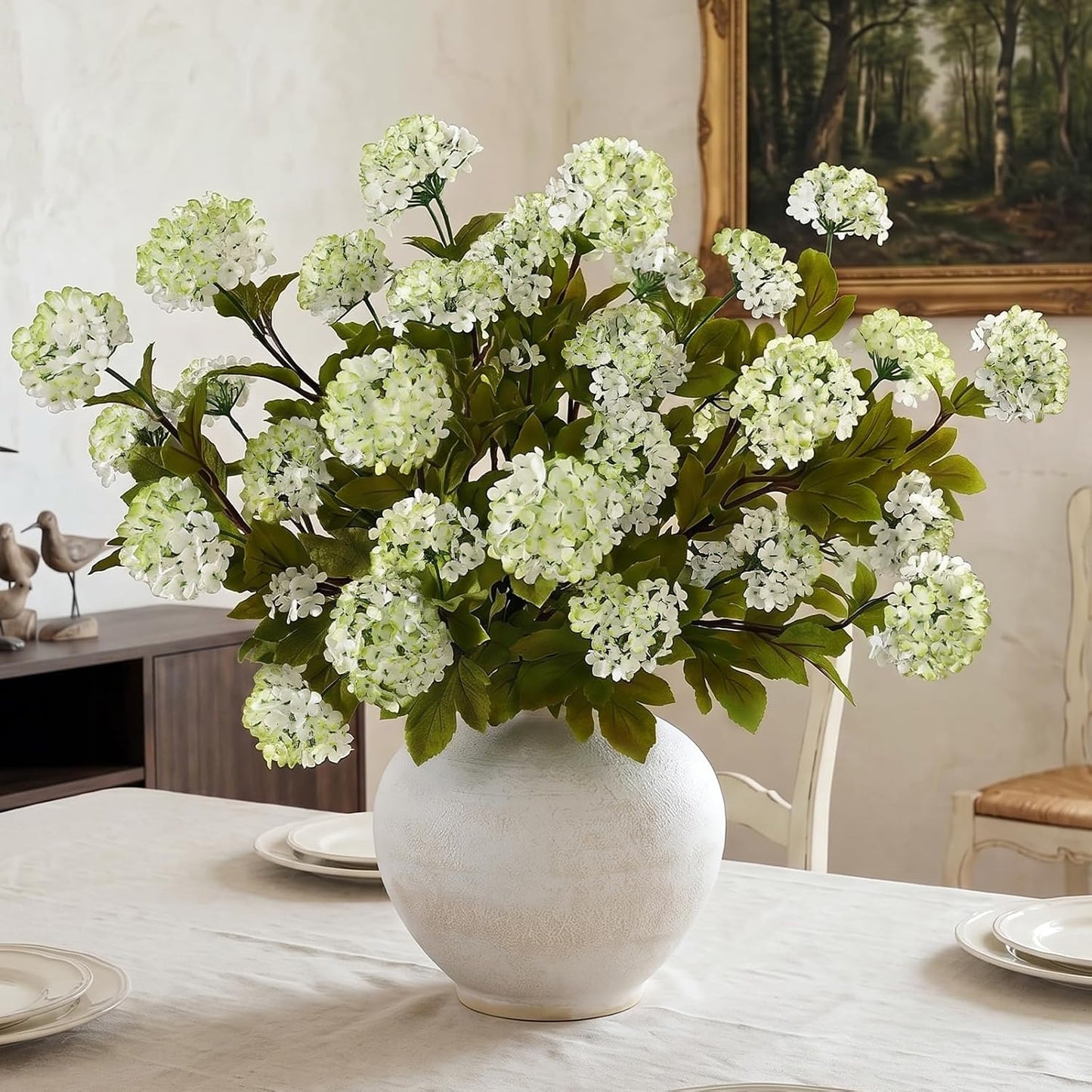 6 Pcs 28"Artificial Snowball Hydrangea Flower Stems for Vase(White-Green) | Elegant and Full, Fake Realistic Silk Flower Branches, for Table Centerpieces/DIY Bouquet/Home/Farmhouse/Indoor/Home Decor