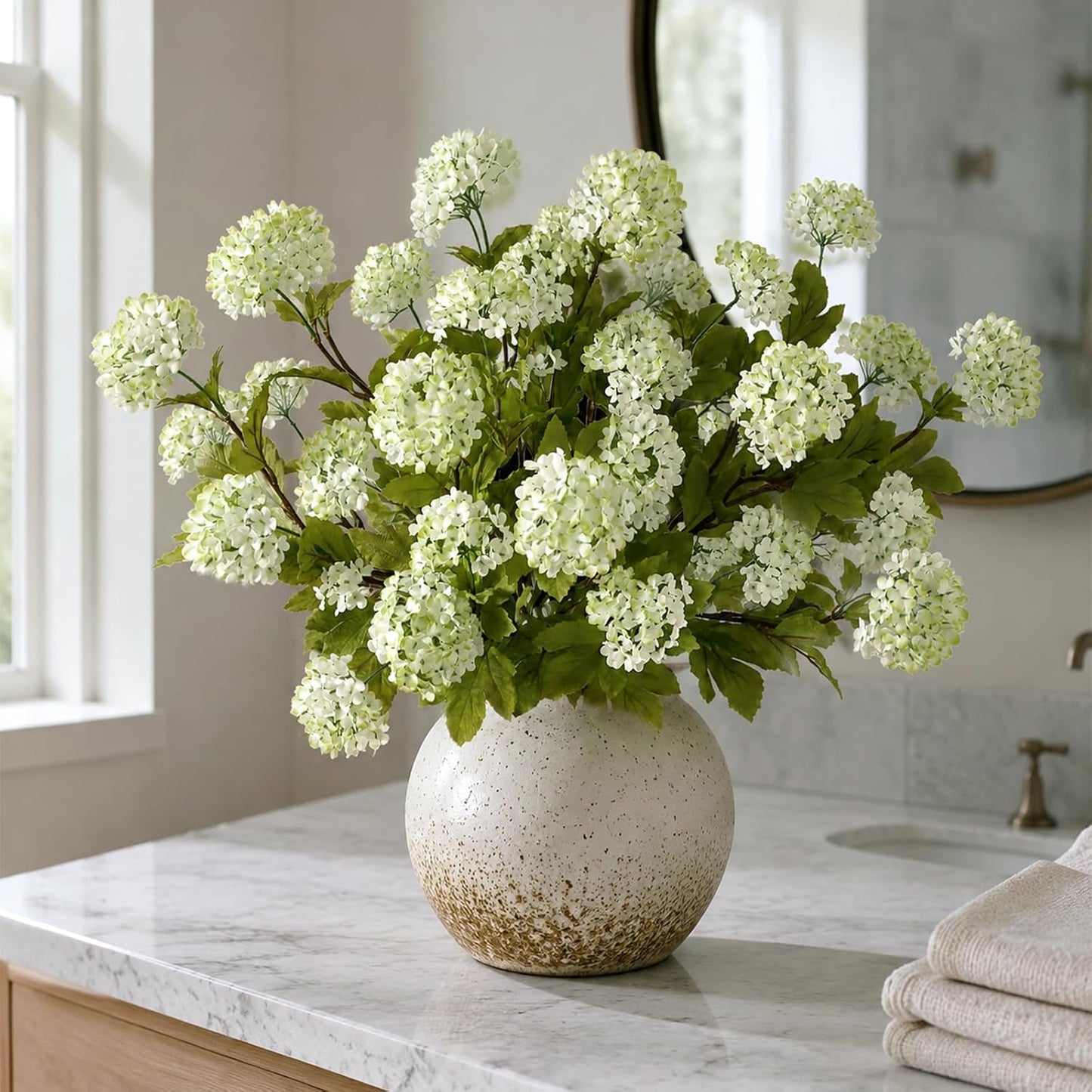 6 Pcs 28"Artificial Snowball Hydrangea Flower Stems for Vase(White-Green) | Elegant and Full, Fake Realistic Silk Flower Branches, for Table Centerpieces/DIY Bouquet/Home/Farmhouse/Indoor/Home Decor