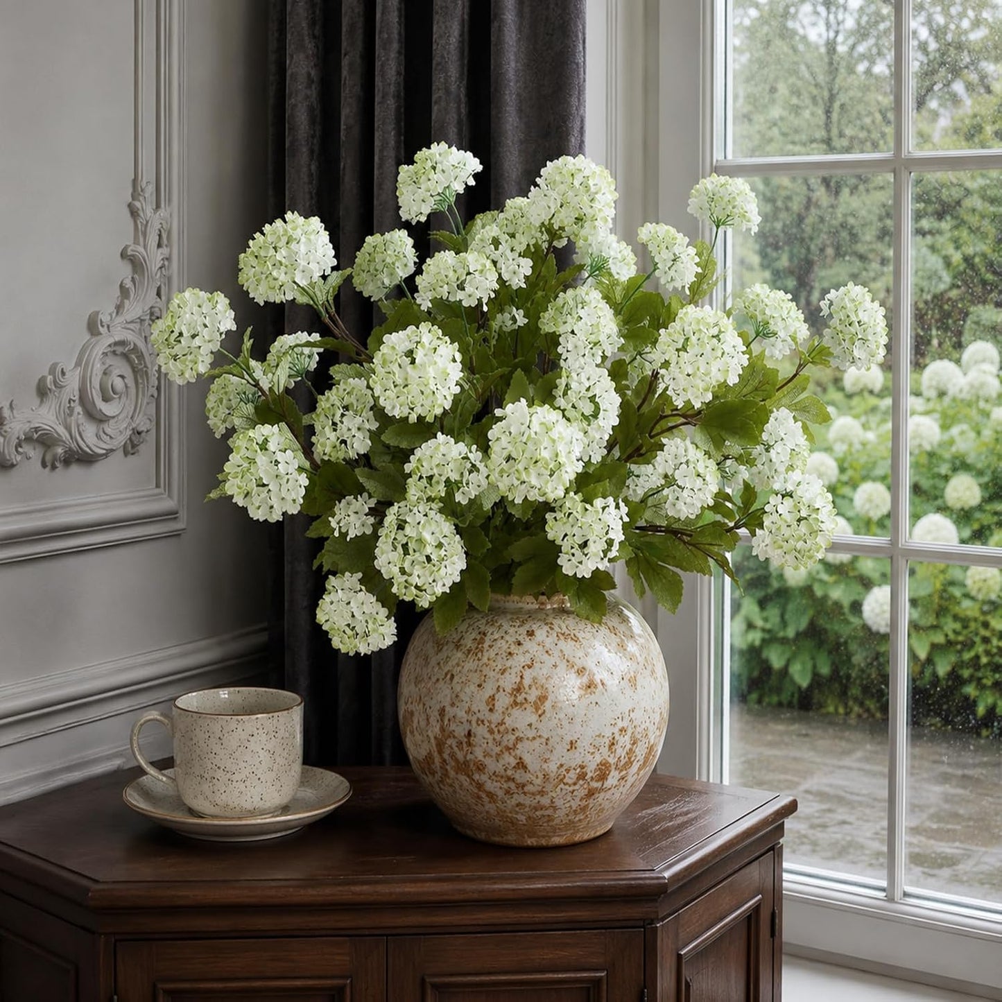 6 Pcs 28"Artificial Snowball Hydrangea Flower Stems for Vase(White-Green) | Elegant and Full, Fake Realistic Silk Flower Branches, for Table Centerpieces/DIY Bouquet/Home/Farmhouse/Indoor/Home Decor