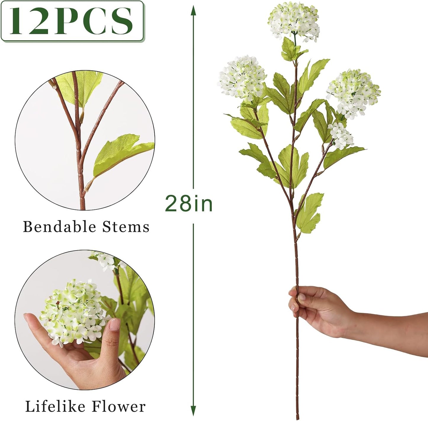 6 Pcs 28"Artificial Snowball Hydrangea Flower Stems for Vase(White-Green) | Elegant and Full, Fake Realistic Silk Flower Branches, for Table Centerpieces/DIY Bouquet/Home/Farmhouse/Indoor/Home Decor