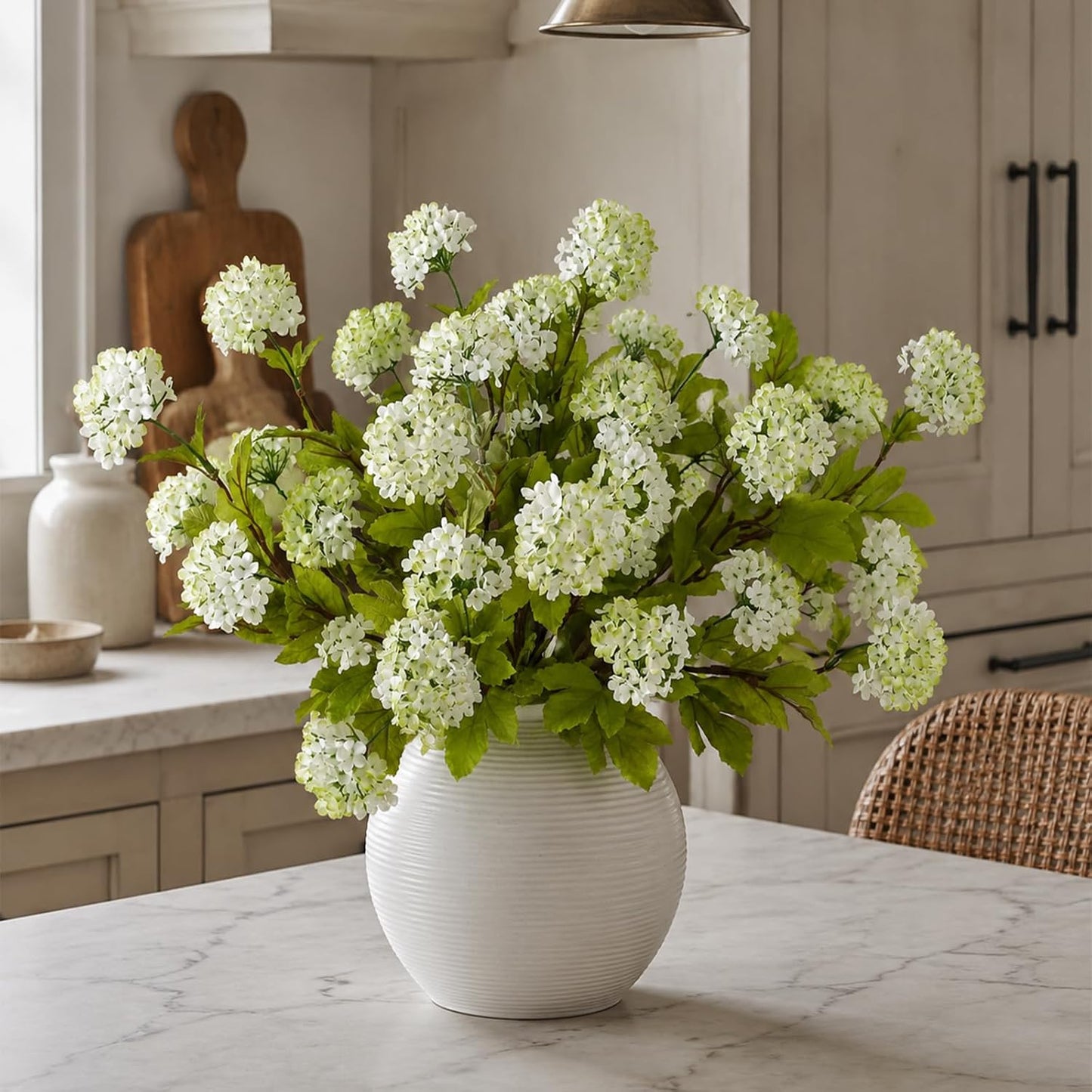 6 Pcs 28"Artificial Snowball Hydrangea Flower Stems for Vase(White-Green) | Elegant and Full, Fake Realistic Silk Flower Branches, for Table Centerpieces/DIY Bouquet/Home/Farmhouse/Indoor/Home Decor