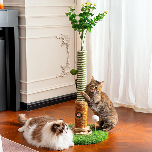 Cat Scratching Post 39'' Tall with Interactive Ball & Mouse Hole for Indoor Adult Cats, Sisal Rope Cat Tree Tower, Kitty Scratcher Furniture with Artificial Grass Tree for Kittens Cat Toys