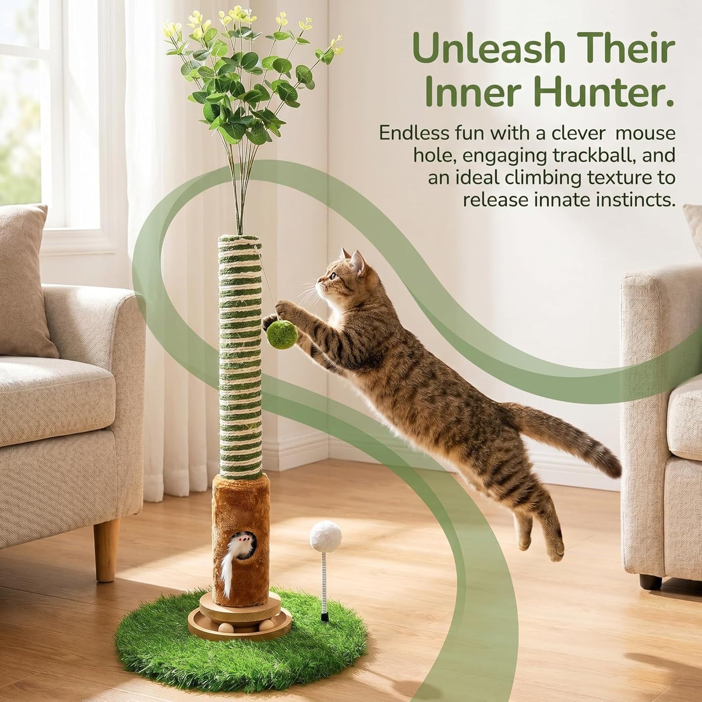 Cat Scratching Post 39'' Tall with Interactive Ball & Mouse Hole for Indoor Adult Cats, Sisal Rope Cat Tree Tower, Kitty Scratcher Furniture with Artificial Grass Tree for Kittens Cat Toys