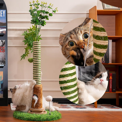 Cat Scratching Post 39'' Tall with Interactive Ball & Mouse Hole for Indoor Adult Cats, Sisal Rope Cat Tree Tower, Kitty Scratcher Furniture with Artificial Grass Tree for Kittens Cat Toys