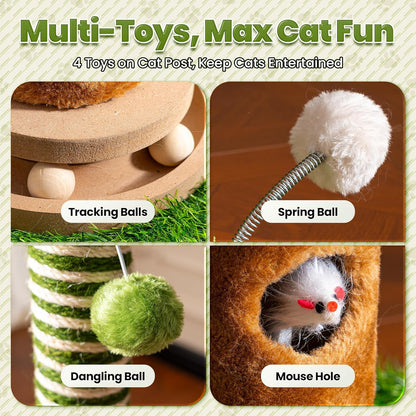 Cat Scratching Post 39'' Tall with Interactive Ball & Mouse Hole for Indoor Adult Cats, Sisal Rope Cat Tree Tower, Kitty Scratcher Furniture with Artificial Grass Tree for Kittens Cat Toys