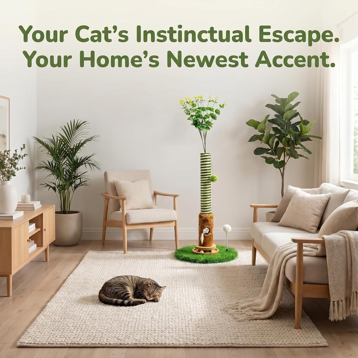 Cat Scratching Post 39'' Tall with Interactive Ball & Mouse Hole for Indoor Adult Cats, Sisal Rope Cat Tree Tower, Kitty Scratcher Furniture with Artificial Grass Tree for Kittens Cat Toys