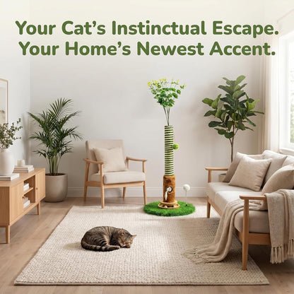 Cat Scratching Post 39'' Tall with Interactive Ball & Mouse Hole for Indoor Adult Cats, Sisal Rope Cat Tree Tower, Kitty Scratcher Furniture with Artificial Grass Tree for Kittens Cat Toys