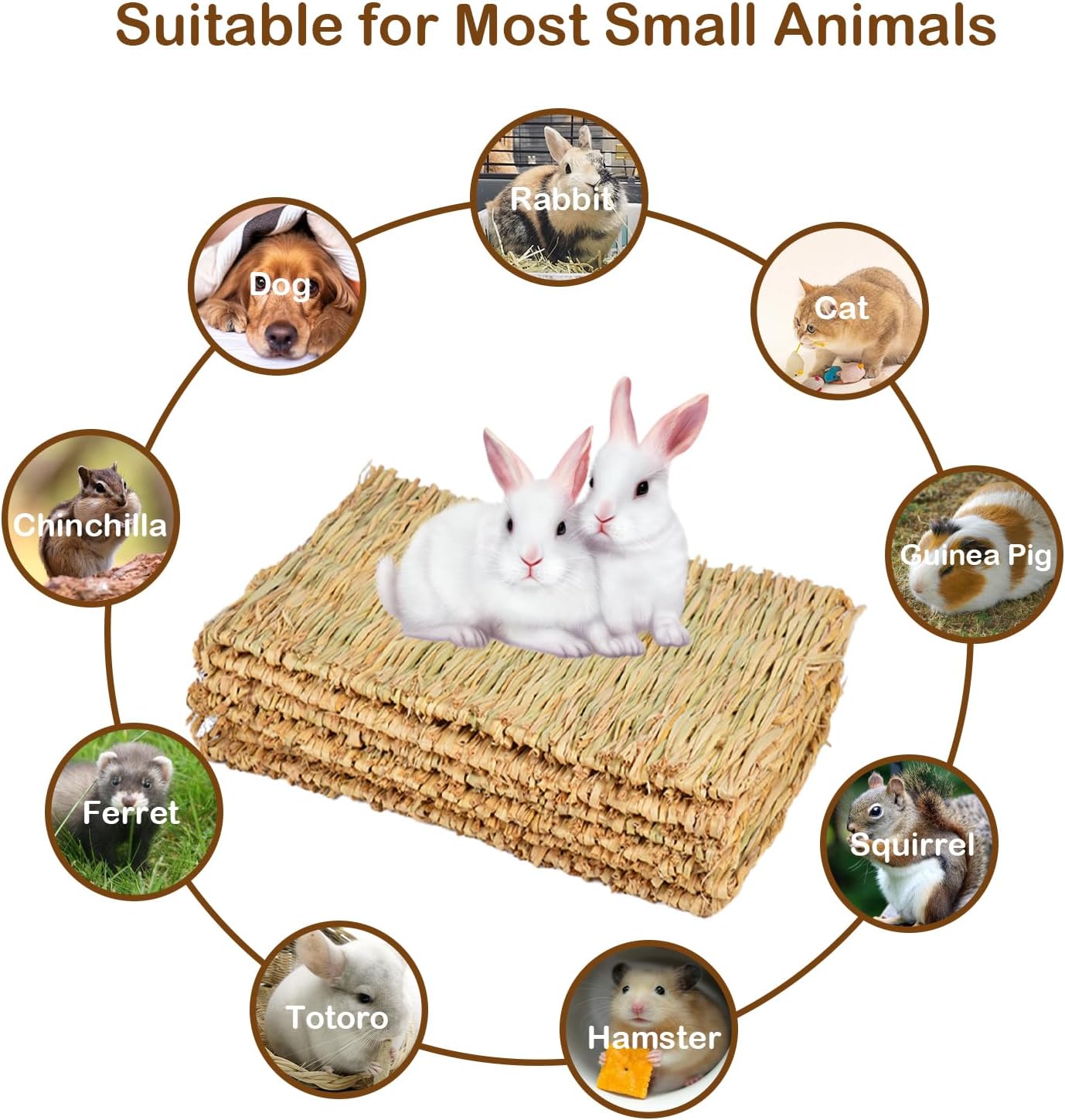 Rabbit Grass Mat,Grass Mats for Rabbits Bunny Natural Straw Woven Bed Small Animal Hay Matt Sleeping, Chewing, Nesting and Toys for Guinea Pig Hamster and Rat Bed Mat (6 Pcs)