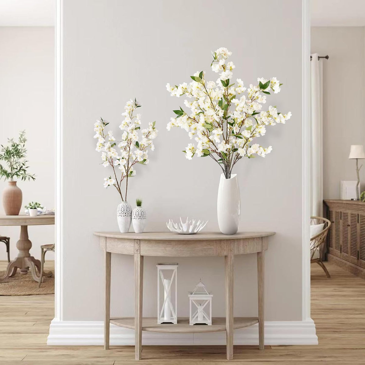 Artificial Cherry Blossom Flowers 3 Pcs Faux Cherry Blossom Stems Faux Silk Cherry Blossom Branches 35.4’’ Fake Flowers Long Stems for Vase Arrangements Home Wedding Table Decor (White)