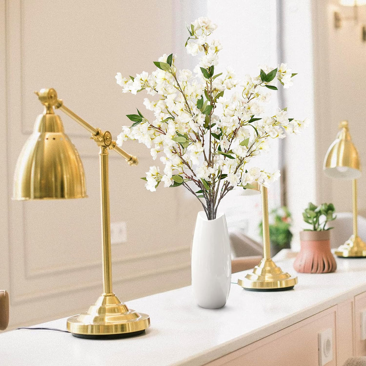 Artificial Cherry Blossom Flowers 3 Pcs Faux Cherry Blossom Stems Faux Silk Cherry Blossom Branches 35.4’’ Fake Flowers Long Stems for Vase Arrangements Home Wedding Table Decor (White)