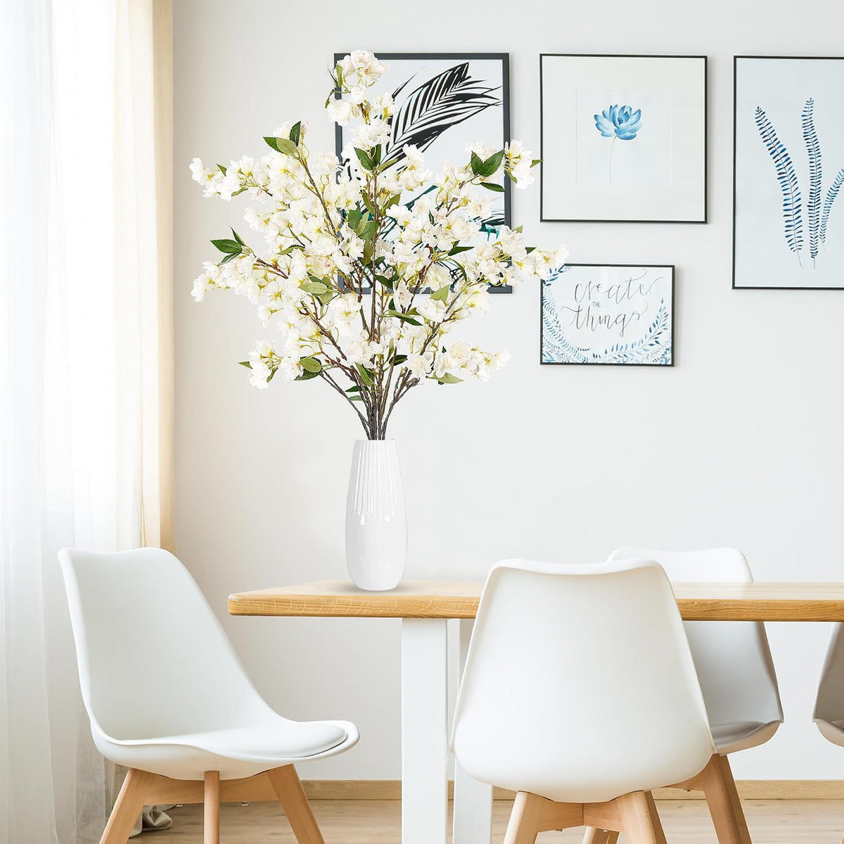 Artificial Cherry Blossom Flowers 3 Pcs Faux Cherry Blossom Stems Faux Silk Cherry Blossom Branches 35.4’’ Fake Flowers Long Stems for Vase Arrangements Home Wedding Table Decor (White)