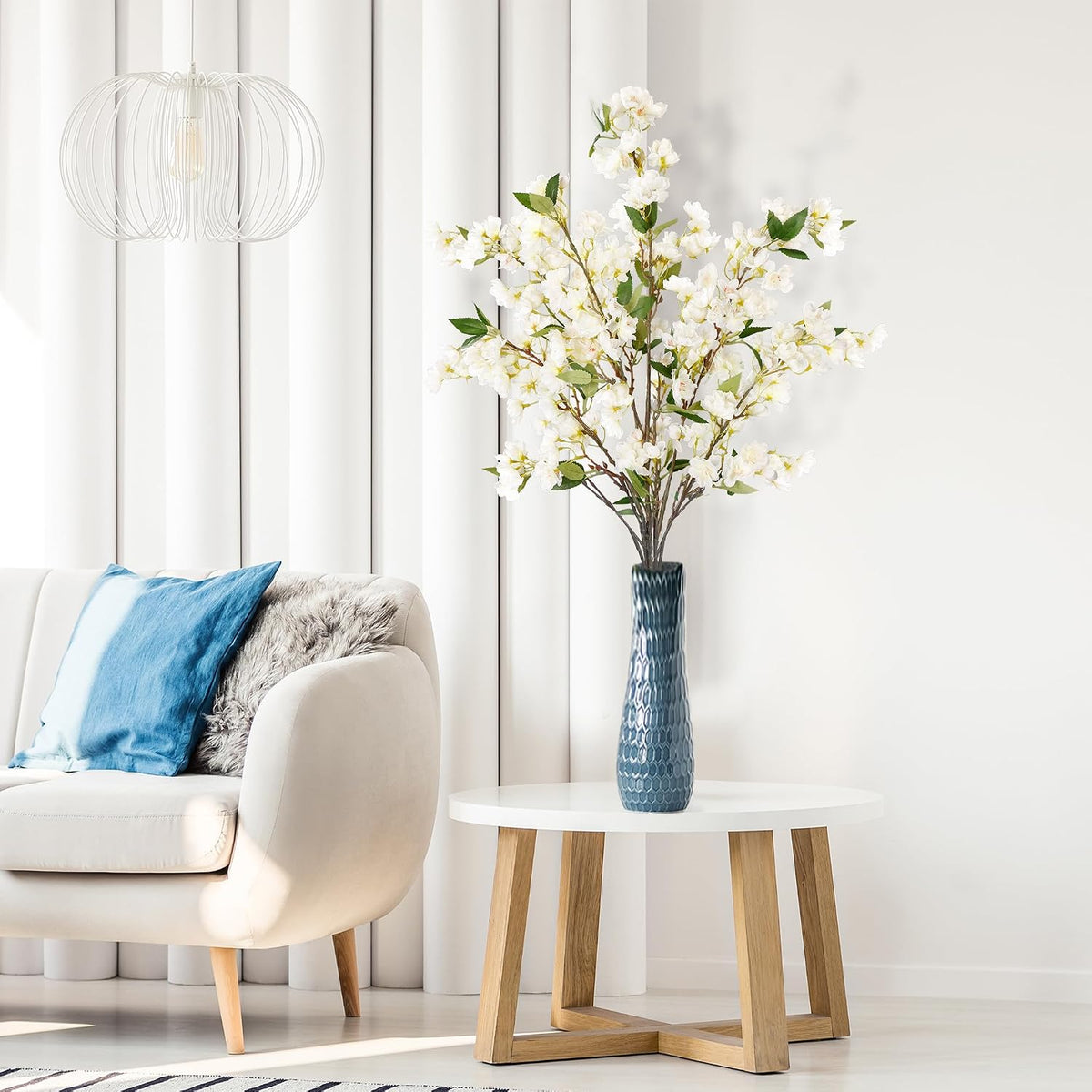 Artificial Cherry Blossom Flowers 3 Pcs Faux Cherry Blossom Stems Faux Silk Cherry Blossom Branches 35.4’’ Fake Flowers Long Stems for Vase Arrangements Home Wedding Table Decor (White)
