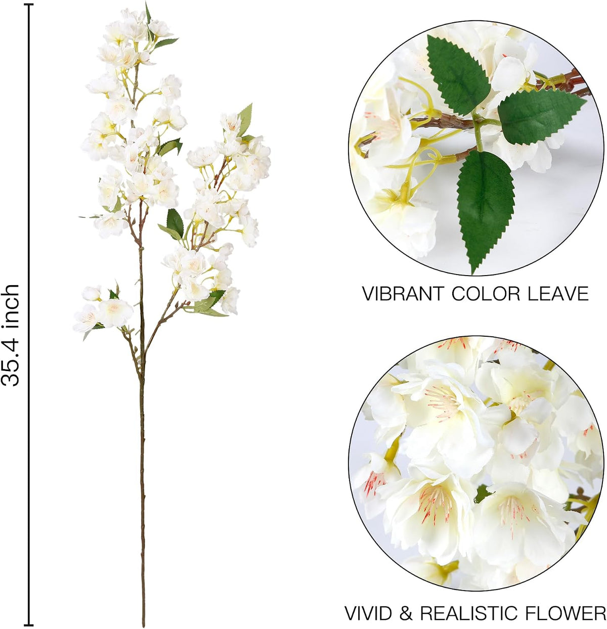 Artificial Cherry Blossom Flowers 3 Pcs Faux Cherry Blossom Stems Faux Silk Cherry Blossom Branches 35.4’’ Fake Flowers Long Stems for Vase Arrangements Home Wedding Table Decor (White)