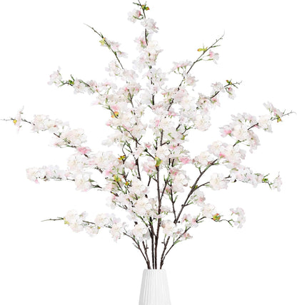 Artificial Cherry Blossom Flowers 3 Pcs Faux Cherry Blossom Stems Faux Silk Cherry Blossom Branches 35.4’’ Fake Flowers Long Stems for Vase Arrangements Home Wedding Table Decor (White)