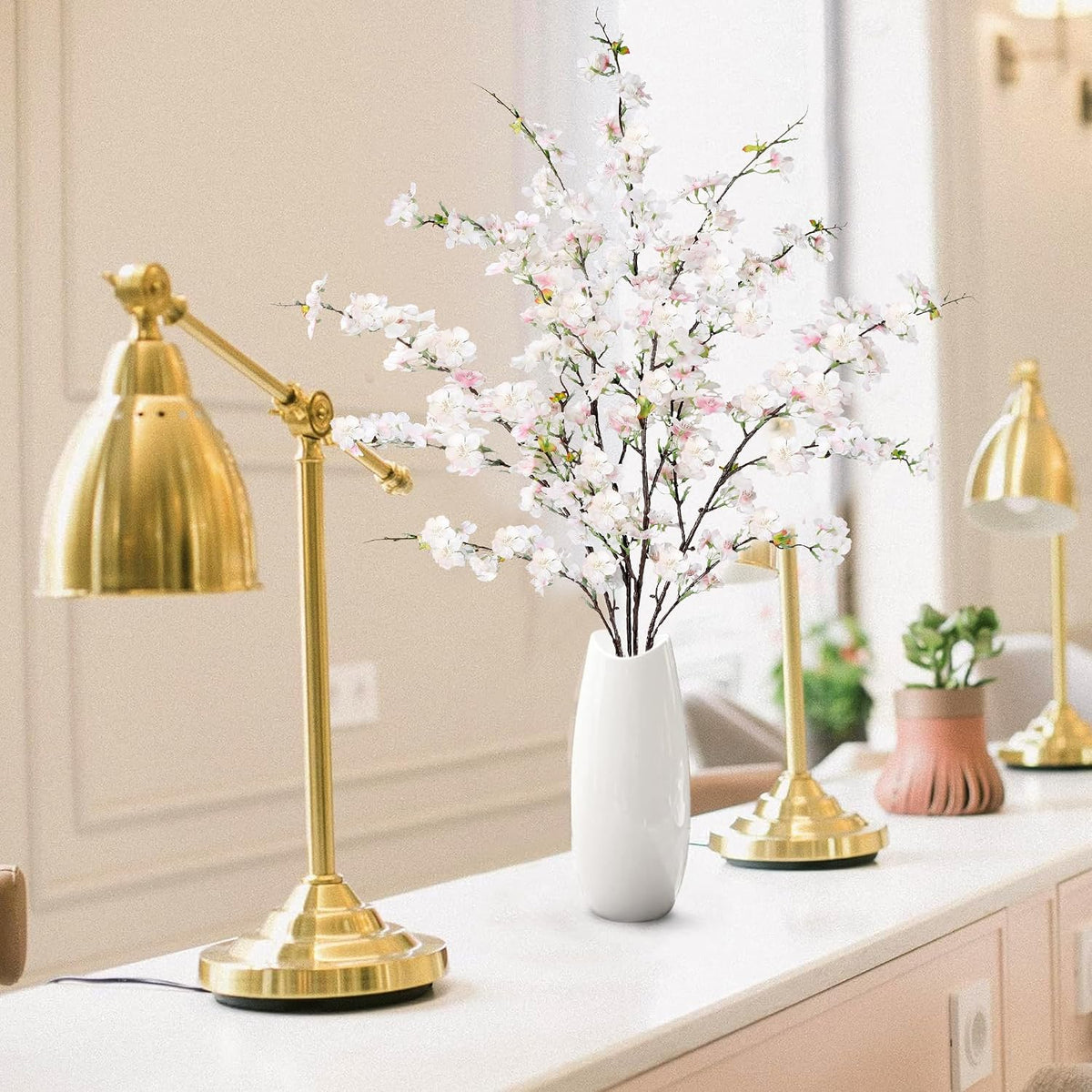 Artificial Cherry Blossom Flowers 3 Pcs Faux Cherry Blossom Stems Faux Silk Cherry Blossom Branches 35.4’’ Fake Flowers Long Stems for Vase Arrangements Home Wedding Table Decor (White)