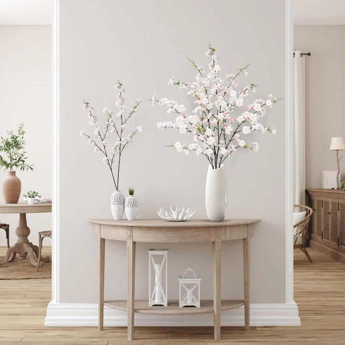 Artificial Cherry Blossom Flowers 3 Pcs Faux Cherry Blossom Stems Faux Silk Cherry Blossom Branches 35.4’’ Fake Flowers Long Stems for Vase Arrangements Home Wedding Table Decor (White)
