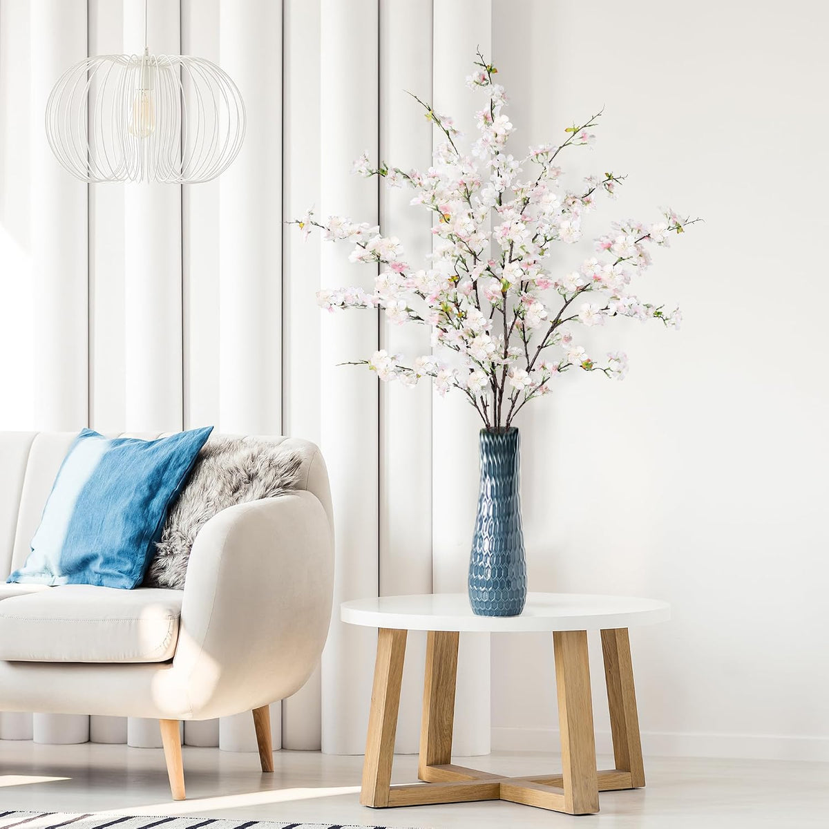 Artificial Cherry Blossom Flowers 3 Pcs Faux Cherry Blossom Stems Faux Silk Cherry Blossom Branches 35.4’’ Fake Flowers Long Stems for Vase Arrangements Home Wedding Table Decor (White)