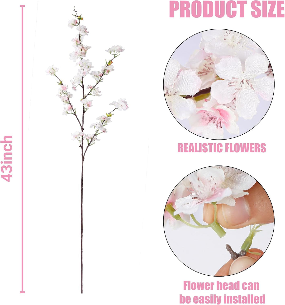 Artificial Cherry Blossom Flowers 3 Pcs Faux Cherry Blossom Stems Faux Silk Cherry Blossom Branches 35.4’’ Fake Flowers Long Stems for Vase Arrangements Home Wedding Table Decor (White)