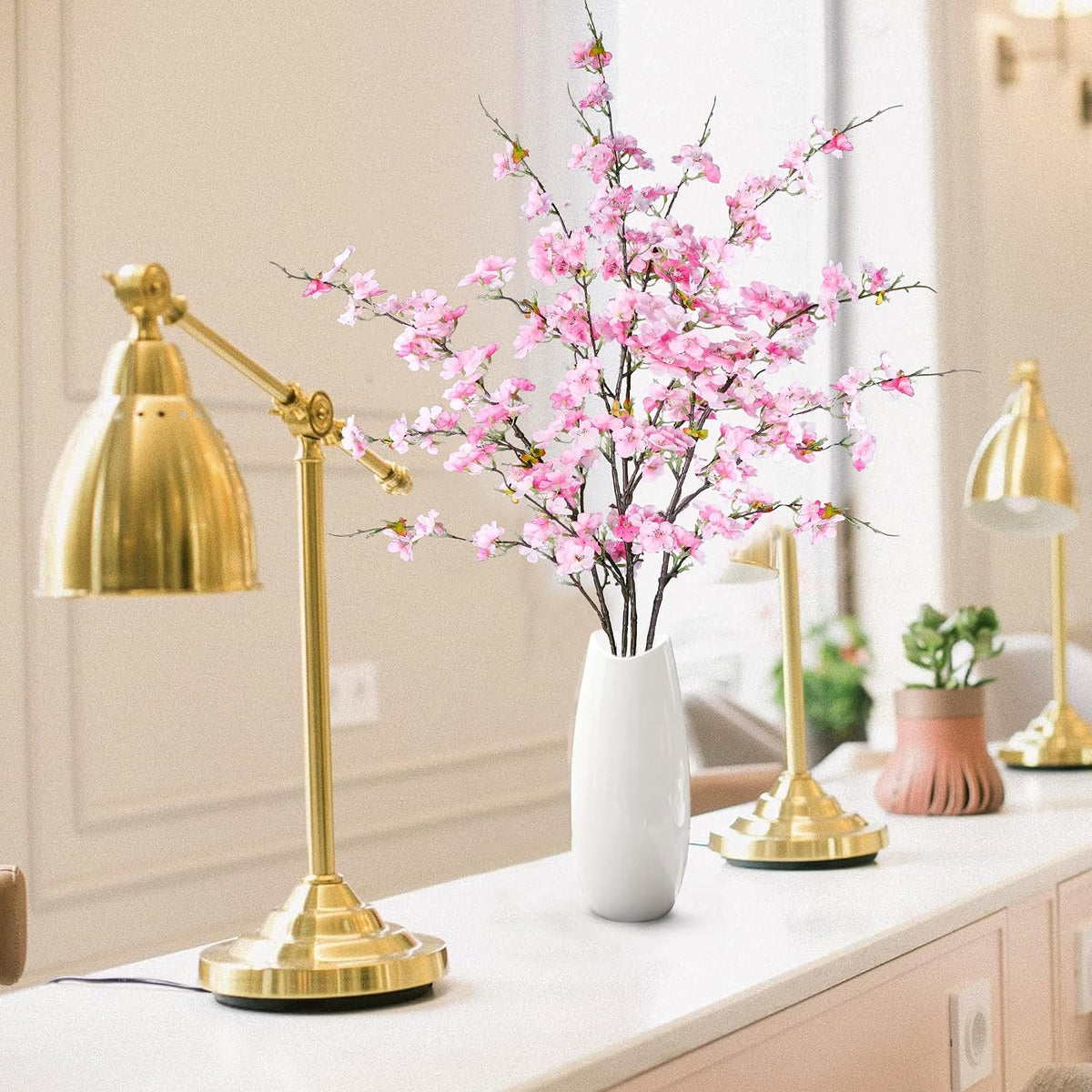 Artificial Cherry Blossom Flowers 3 Pcs Faux Cherry Blossom Stems Faux Silk Cherry Blossom Branches 35.4’’ Fake Flowers Long Stems for Vase Arrangements Home Wedding Table Decor (White)