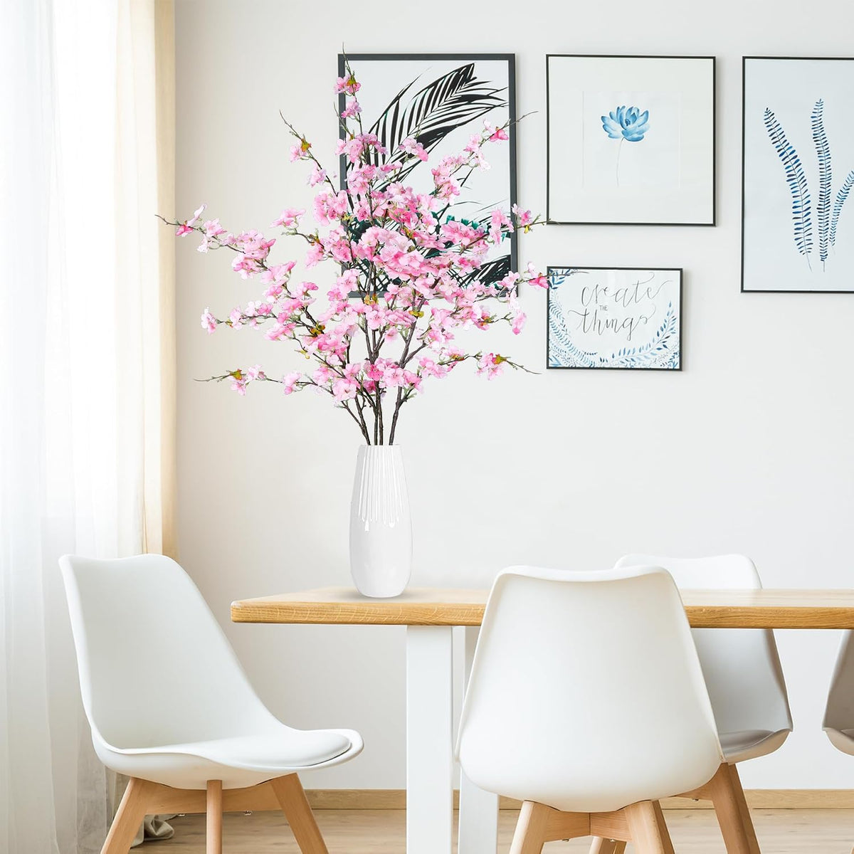 Artificial Cherry Blossom Flowers 3 Pcs Faux Cherry Blossom Stems Faux Silk Cherry Blossom Branches 35.4’’ Fake Flowers Long Stems for Vase Arrangements Home Wedding Table Decor (White)