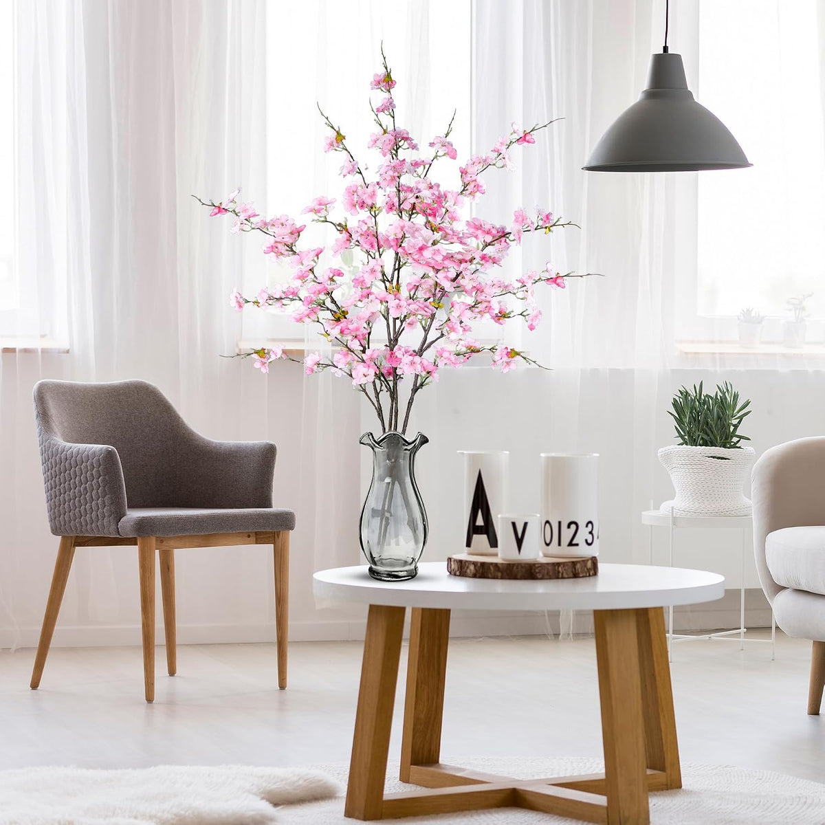 Artificial Cherry Blossom Flowers 3 Pcs Faux Cherry Blossom Stems Faux Silk Cherry Blossom Branches 35.4’’ Fake Flowers Long Stems for Vase Arrangements Home Wedding Table Decor (White)