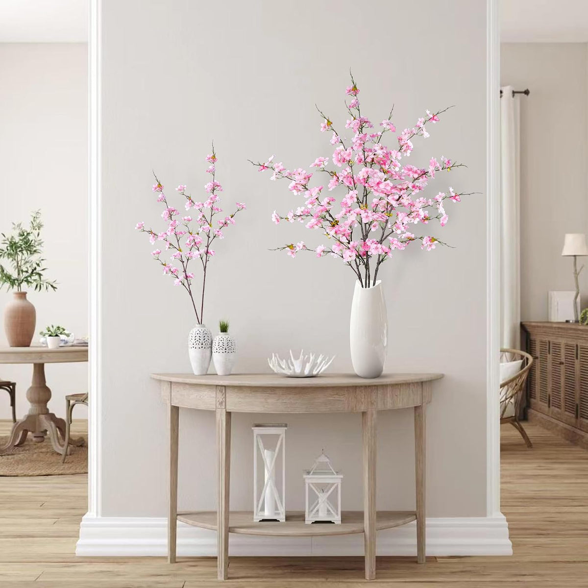 Artificial Cherry Blossom Flowers 3 Pcs Faux Cherry Blossom Stems Faux Silk Cherry Blossom Branches 35.4’’ Fake Flowers Long Stems for Vase Arrangements Home Wedding Table Decor (White)