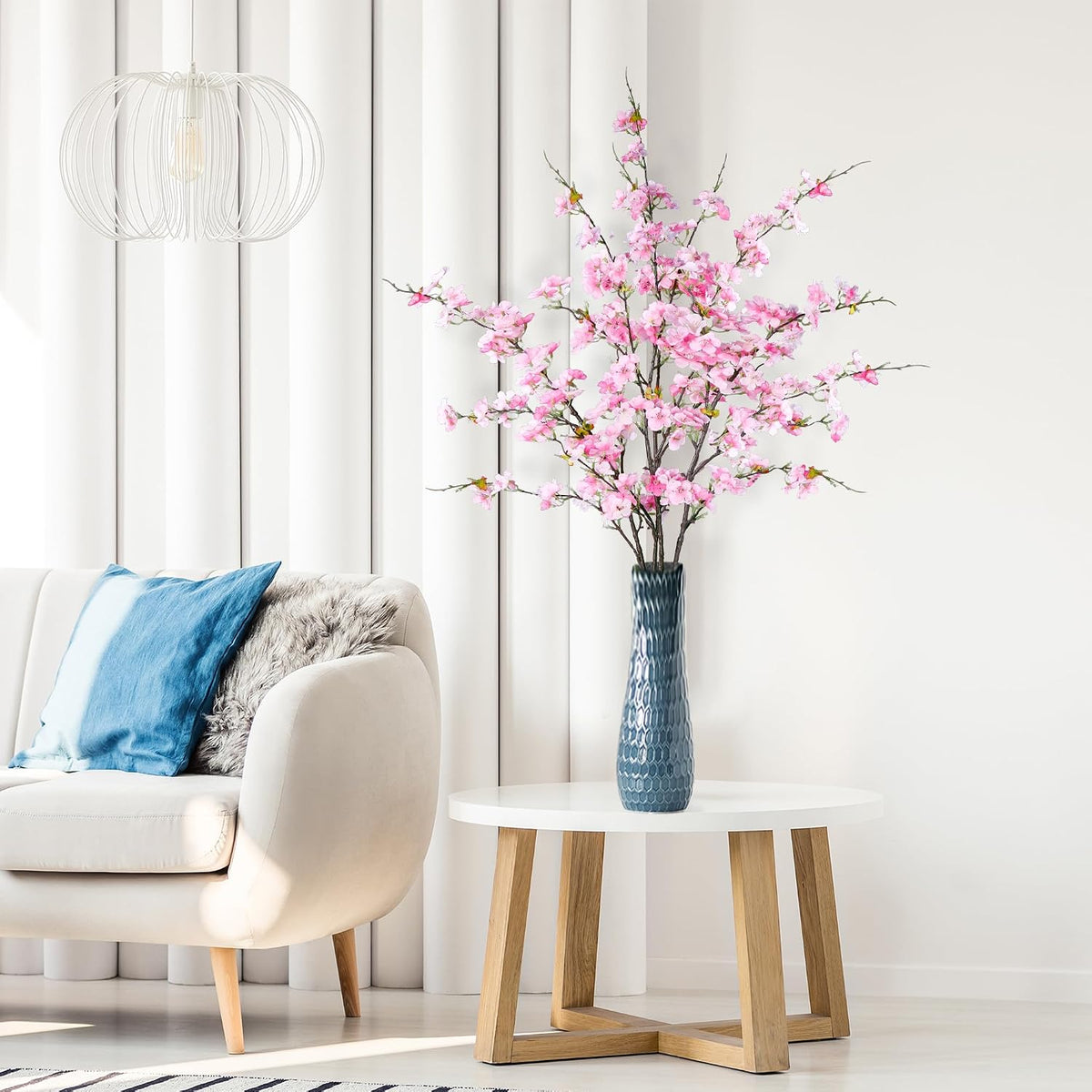 Artificial Cherry Blossom Flowers 3 Pcs Faux Cherry Blossom Stems Faux Silk Cherry Blossom Branches 35.4’’ Fake Flowers Long Stems for Vase Arrangements Home Wedding Table Decor (White)
