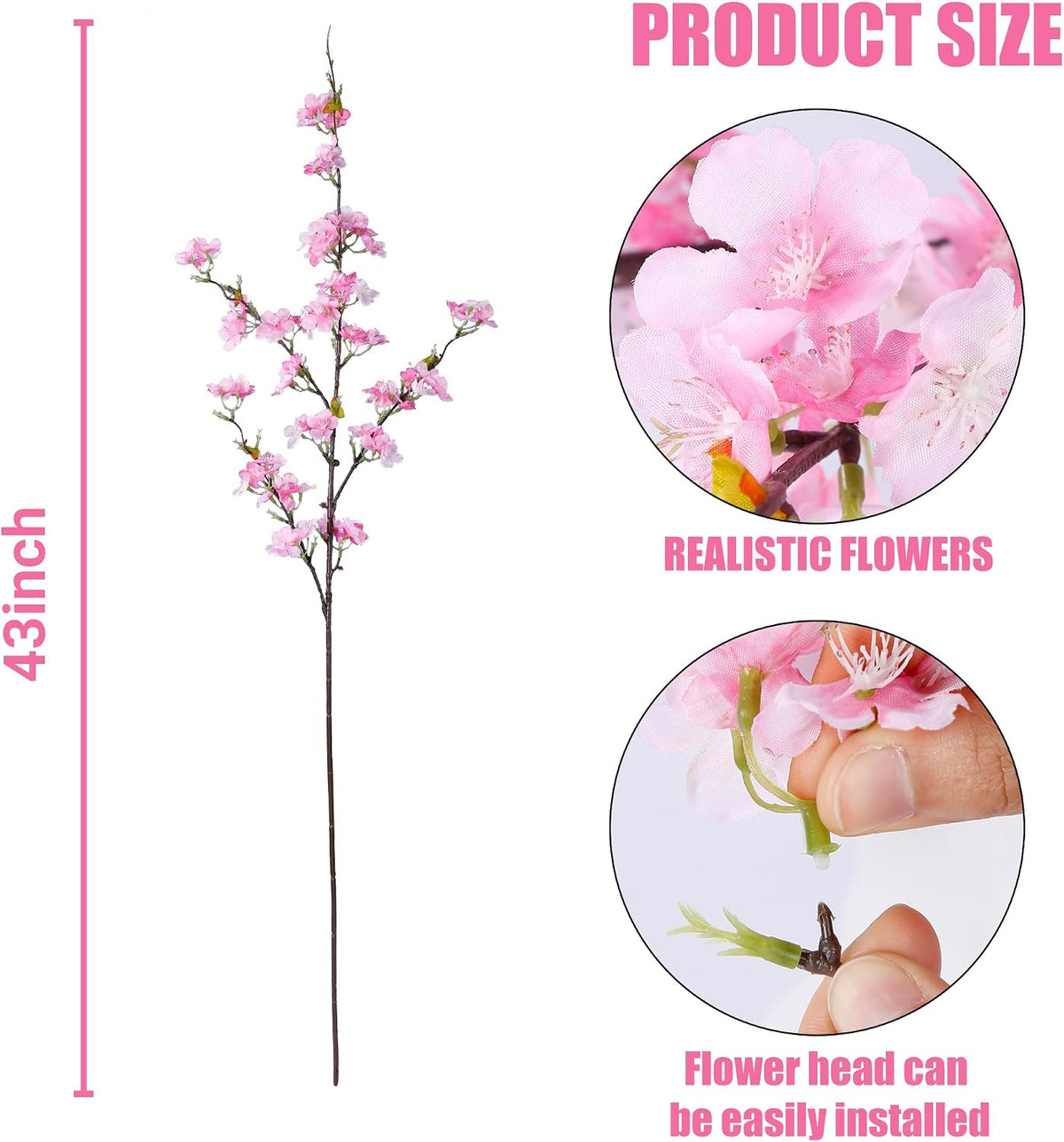 Artificial Cherry Blossom Flowers 3 Pcs Faux Cherry Blossom Stems Faux Silk Cherry Blossom Branches 35.4’’ Fake Flowers Long Stems for Vase Arrangements Home Wedding Table Decor (White)