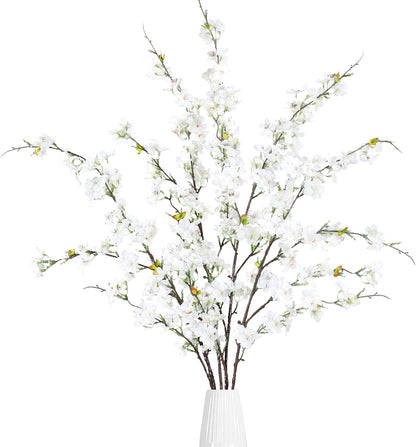 Artificial Cherry Blossom Flowers 3 Pcs Faux Cherry Blossom Stems Faux Silk Cherry Blossom Branches 35.4’’ Fake Flowers Long Stems for Vase Arrangements Home Wedding Table Decor (White)