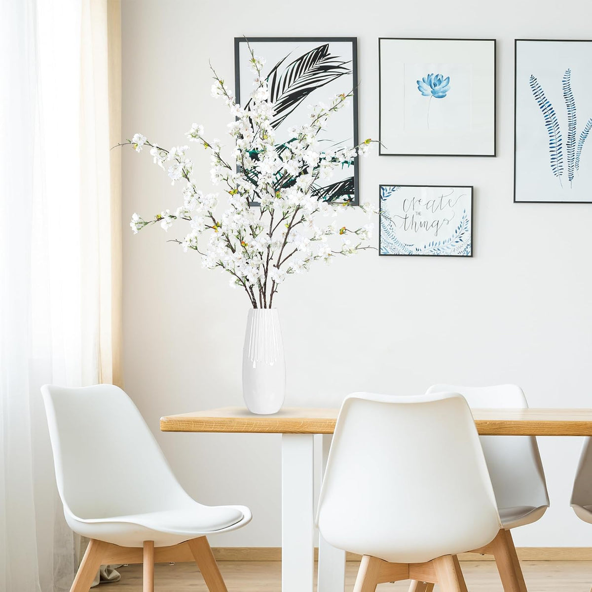 Artificial Cherry Blossom Flowers 3 Pcs Faux Cherry Blossom Stems Faux Silk Cherry Blossom Branches 35.4’’ Fake Flowers Long Stems for Vase Arrangements Home Wedding Table Decor (White)