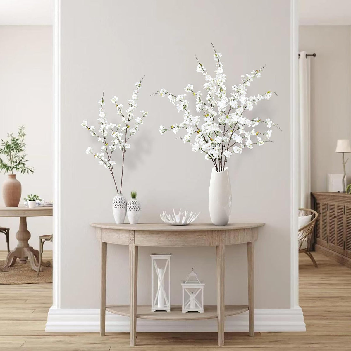 Artificial Cherry Blossom Flowers 3 Pcs Faux Cherry Blossom Stems Faux Silk Cherry Blossom Branches 35.4’’ Fake Flowers Long Stems for Vase Arrangements Home Wedding Table Decor (White)