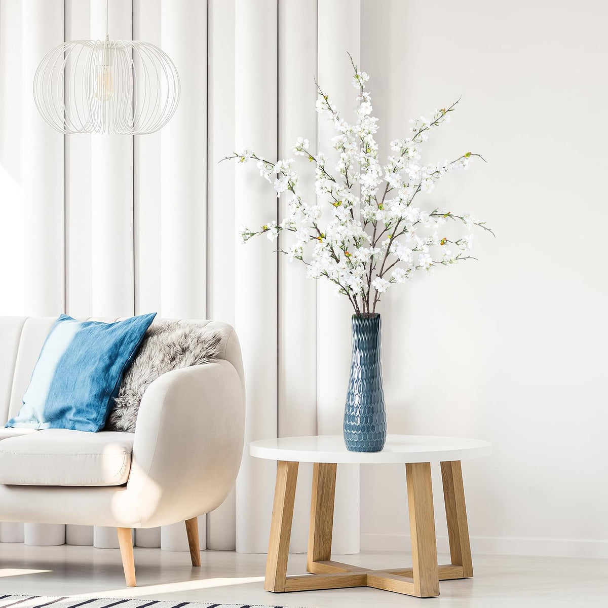 Artificial Cherry Blossom Flowers 3 Pcs Faux Cherry Blossom Stems Faux Silk Cherry Blossom Branches 35.4’’ Fake Flowers Long Stems for Vase Arrangements Home Wedding Table Decor (White)