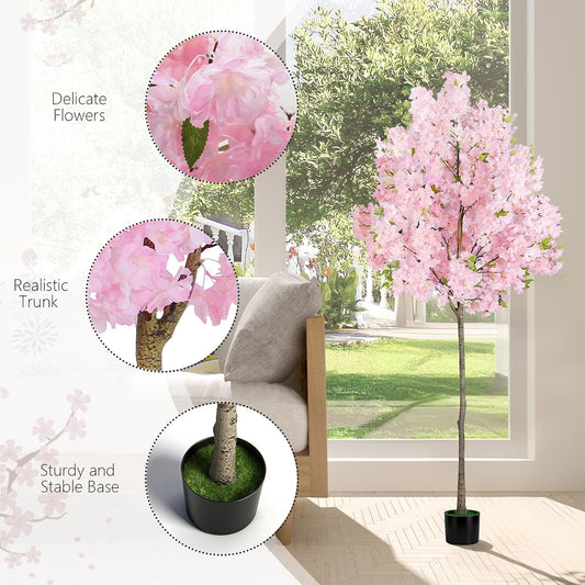 6FT Pink Artificial Cherry Blossom Tree, Realistic Potted Faux Cherry Tree, Silk Flower Fake Tree, Artificial Plants for Home Office Wedding Party Indoor Outdoor Front Door Decoration