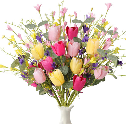 Artificial Spring Flowers 12 Pack Spring Flower Stems 17 Inch Floral Picks with Green Eucalyptus Leaves Pink Tulips Yellow Forsythia for Centerpieces Arrangements Summer Easter Decor