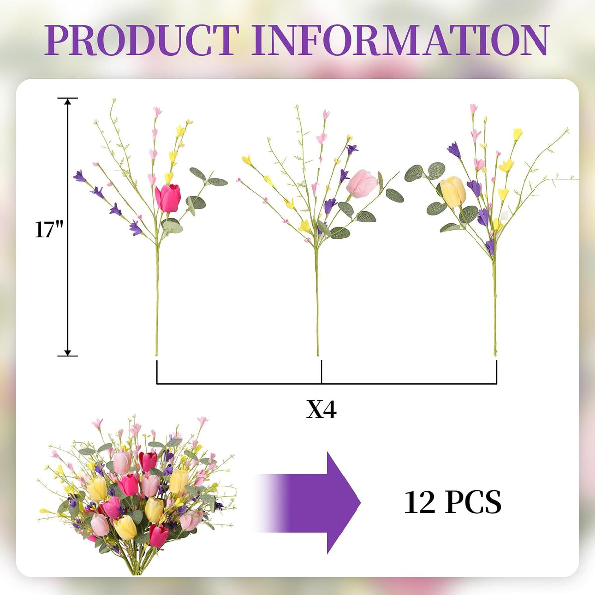 Artificial Spring Flowers 12 Pack Spring Flower Stems 17 Inch Floral Picks with Green Eucalyptus Leaves Pink Tulips Yellow Forsythia for Centerpieces Arrangements Summer Easter Decor