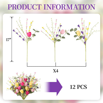 Artificial Spring Flowers 12 Pack Spring Flower Stems 17 Inch Floral Picks with Green Eucalyptus Leaves Pink Tulips Yellow Forsythia for Centerpieces Arrangements Summer Easter Decor