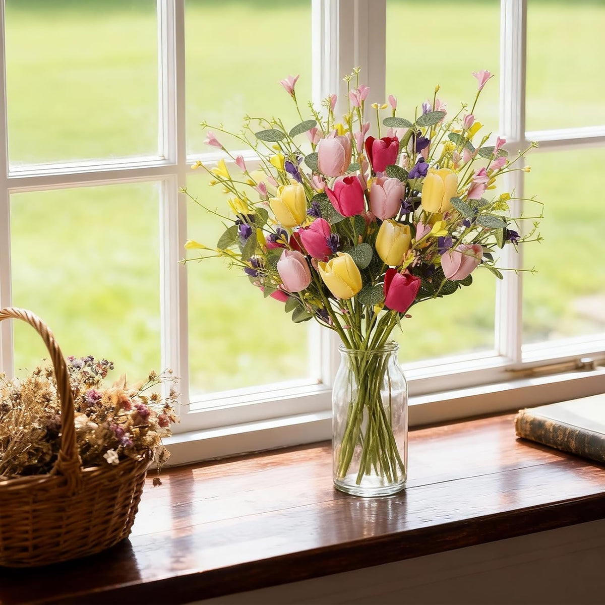Artificial Spring Flowers 12 Pack Spring Flower Stems 17 Inch Floral Picks with Green Eucalyptus Leaves Pink Tulips Yellow Forsythia for Centerpieces Arrangements Summer Easter Decor