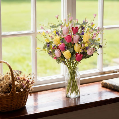 Artificial Spring Flowers 12 Pack Spring Flower Stems 17 Inch Floral Picks with Green Eucalyptus Leaves Pink Tulips Yellow Forsythia for Centerpieces Arrangements Summer Easter Decor