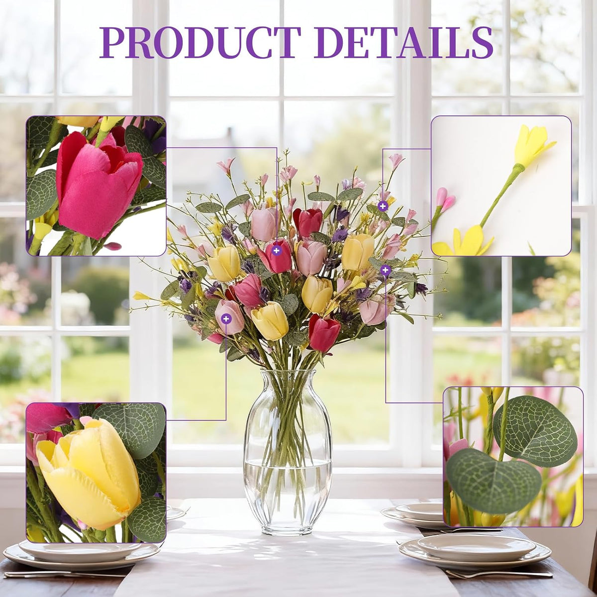 Artificial Spring Flowers 12 Pack Spring Flower Stems 17 Inch Floral Picks with Green Eucalyptus Leaves Pink Tulips Yellow Forsythia for Centerpieces Arrangements Summer Easter Decor