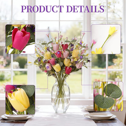 Artificial Spring Flowers 12 Pack Spring Flower Stems 17 Inch Floral Picks with Green Eucalyptus Leaves Pink Tulips Yellow Forsythia for Centerpieces Arrangements Summer Easter Decor