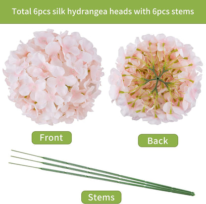 Artificial Hydrangea Silk Flower Heads with Stem Fake Blue Hydrangea Bigger Flowers for Wedding Home Garden Centerpiece Pack of 6