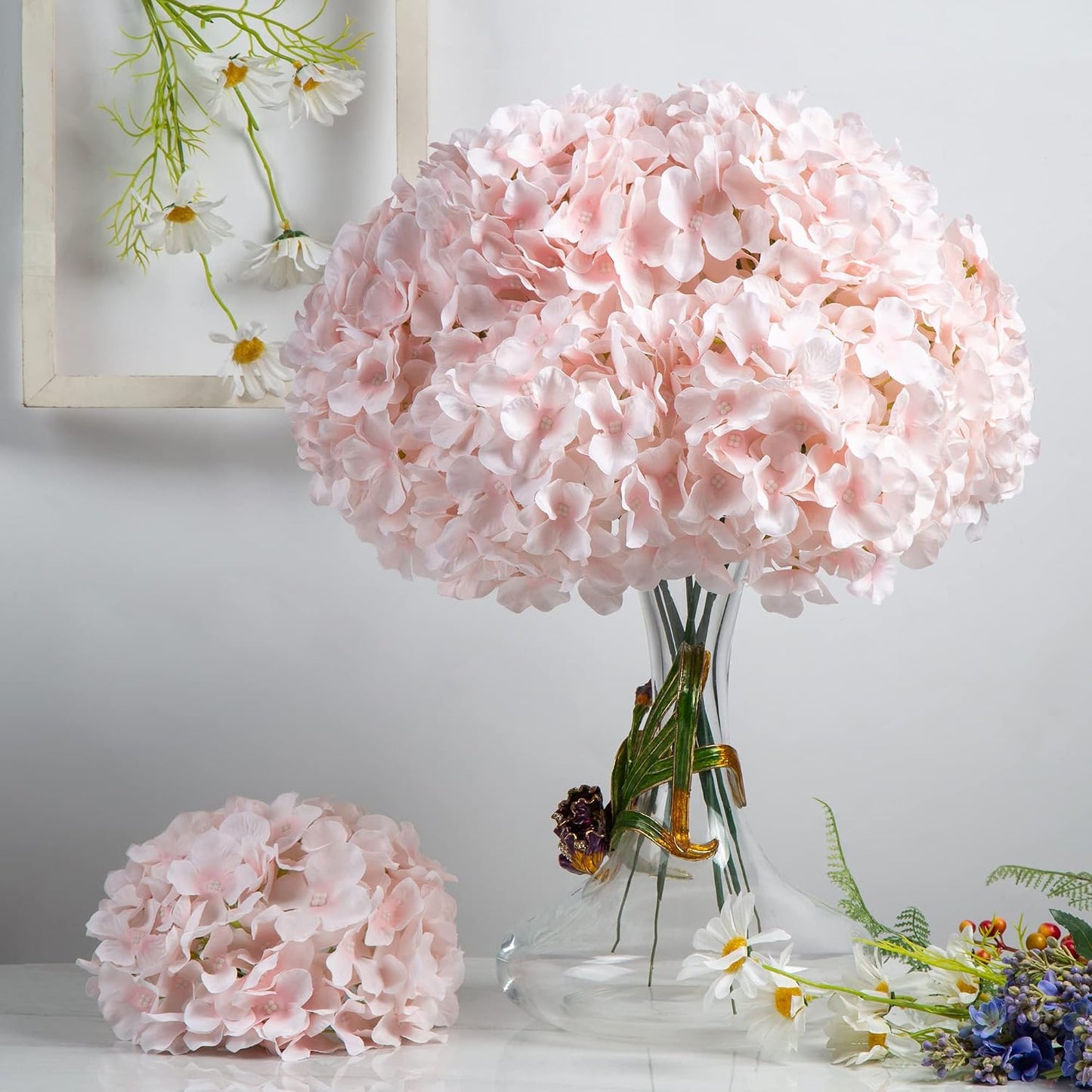 Artificial Hydrangea Silk Flower Heads with Stem Fake Blue Hydrangea Bigger Flowers for Wedding Home Garden Centerpiece Pack of 6