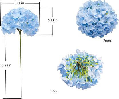 Artificial Hydrangea Silk Flower Heads with Stem Fake Blue Hydrangea Bigger Flowers for Wedding Home Garden Centerpiece Pack of 6