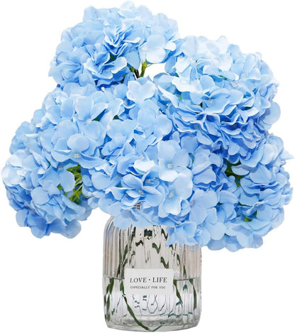 Artificial Hydrangea Silk Flower Heads with Stem Fake Blue Hydrangea Bigger Flowers for Wedding Home Garden Centerpiece Pack of 6