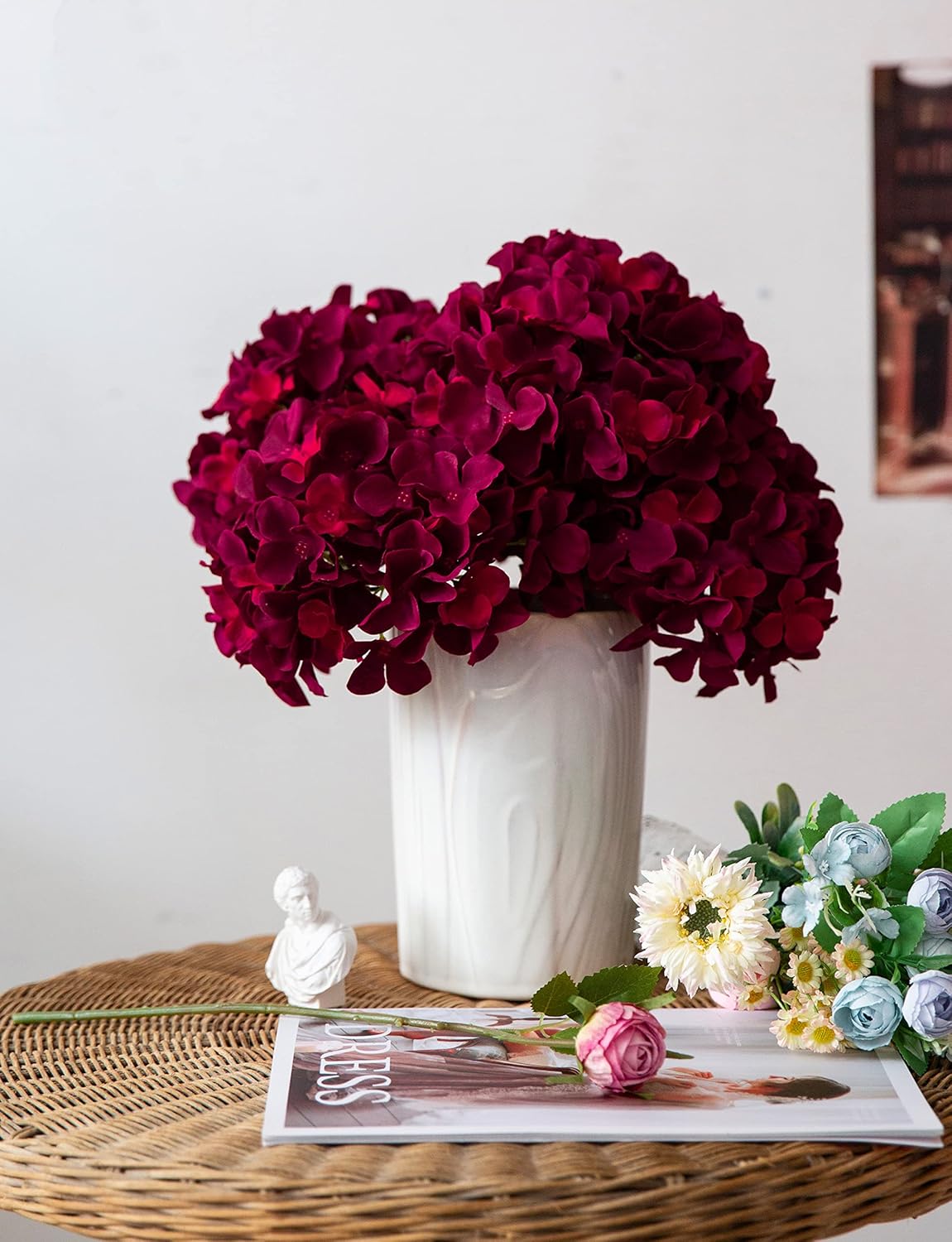 Artificial Hydrangea Silk Flower Heads with Stem Fake Blue Hydrangea Bigger Flowers for Wedding Home Garden Centerpiece Pack of 6